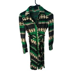 RF Fashion‎ Green Black Plaid Patterned L/S Button Down Vintage Dress 10